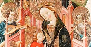 Virgen entronizada con el Niño y rodeada de ángeles músicos