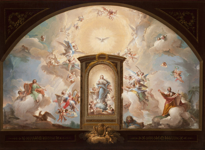 Le Saint-Esprit entouré d’anges dans la Gloire, avec saint Jean Évangéliste, le roi Salomon et le trompe-l’œil du retable avec l’Immaculée Conception