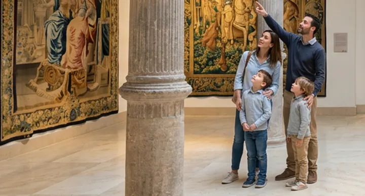 Imagen de una familia visitando el museo