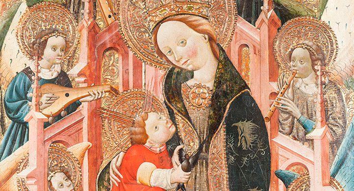 Virgen entronizada con el Niño y rodeada de ángeles músicos