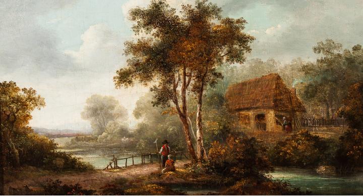 Paisaje con una pareja de campesinos charlando junto a un río