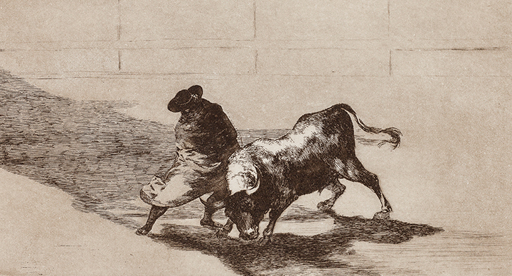 El diestrísimo estudiante de Falces, embozado burla al toro con sus quiebros
