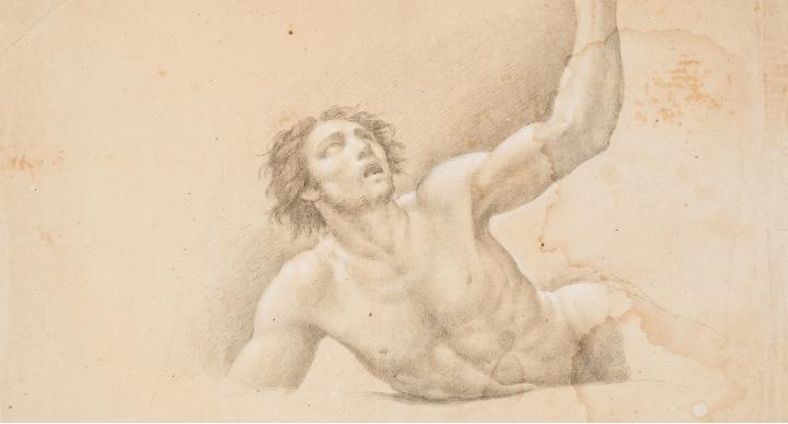 Estudio de figura de un titán caído, levantando la cabeza y el brazo izquierdo