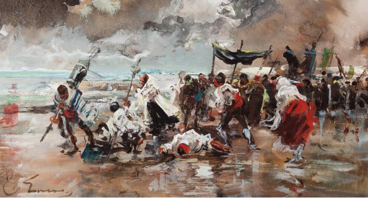 Procesión en la playa en medio del temporal