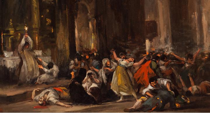 Combate en el interior de una iglesia durante la guerra de independecia