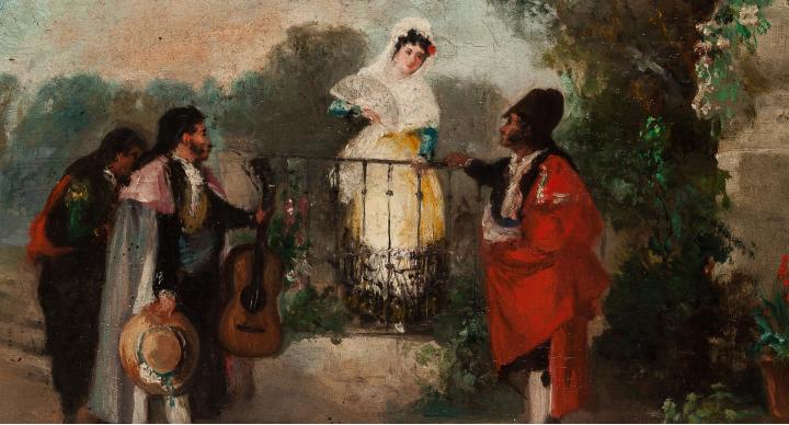Un majo cortejando a una maja en un jardín o patio
