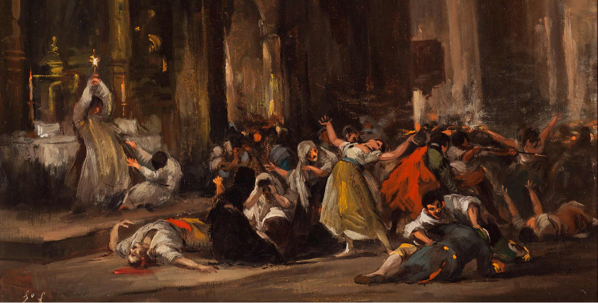A battle inside a church between Spanish civilians and French soldiers